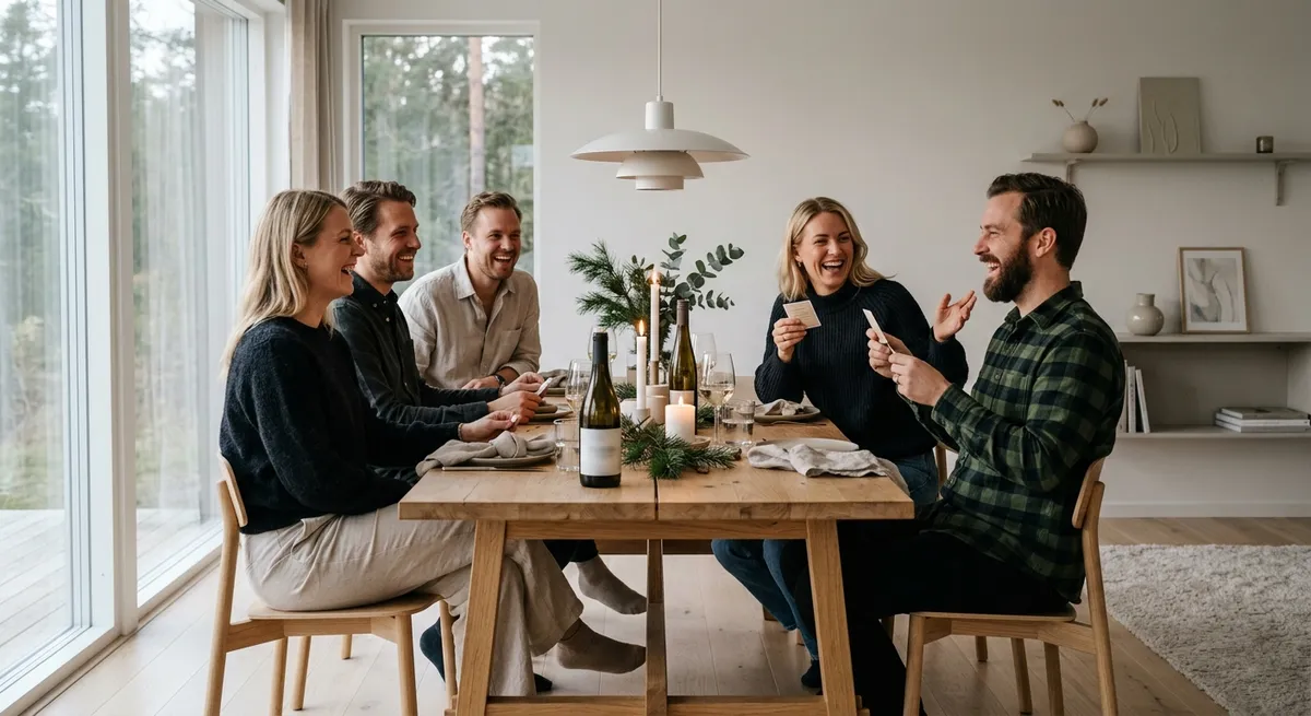 Glade gæster der griner og hygger sig med et festligt indslag i et lyst skandinavisk hjem
